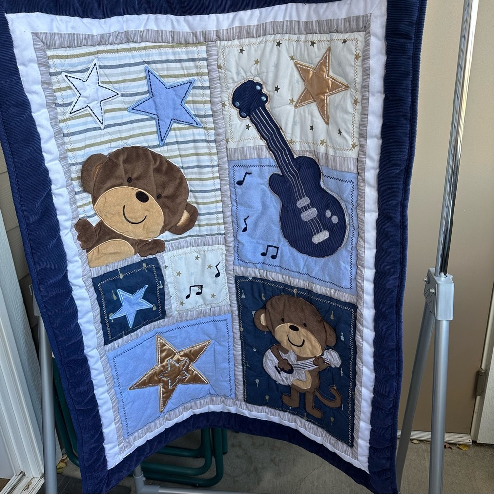 Adorable Monkey and Stars Baby Quilt - Blue and Brown